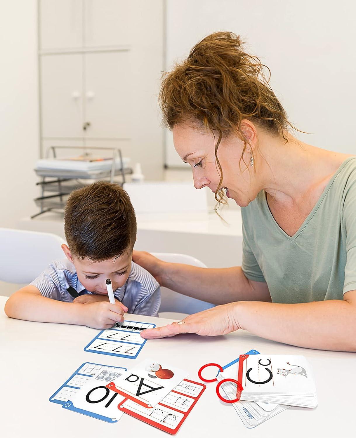 imageGamenote Dry Erase Alphabet and Number Flash Cards Write and Wipe Laminated ABC Letter Tracing Practice Card for Kindergarten 47 Flashcards with 2 Rings and Marker