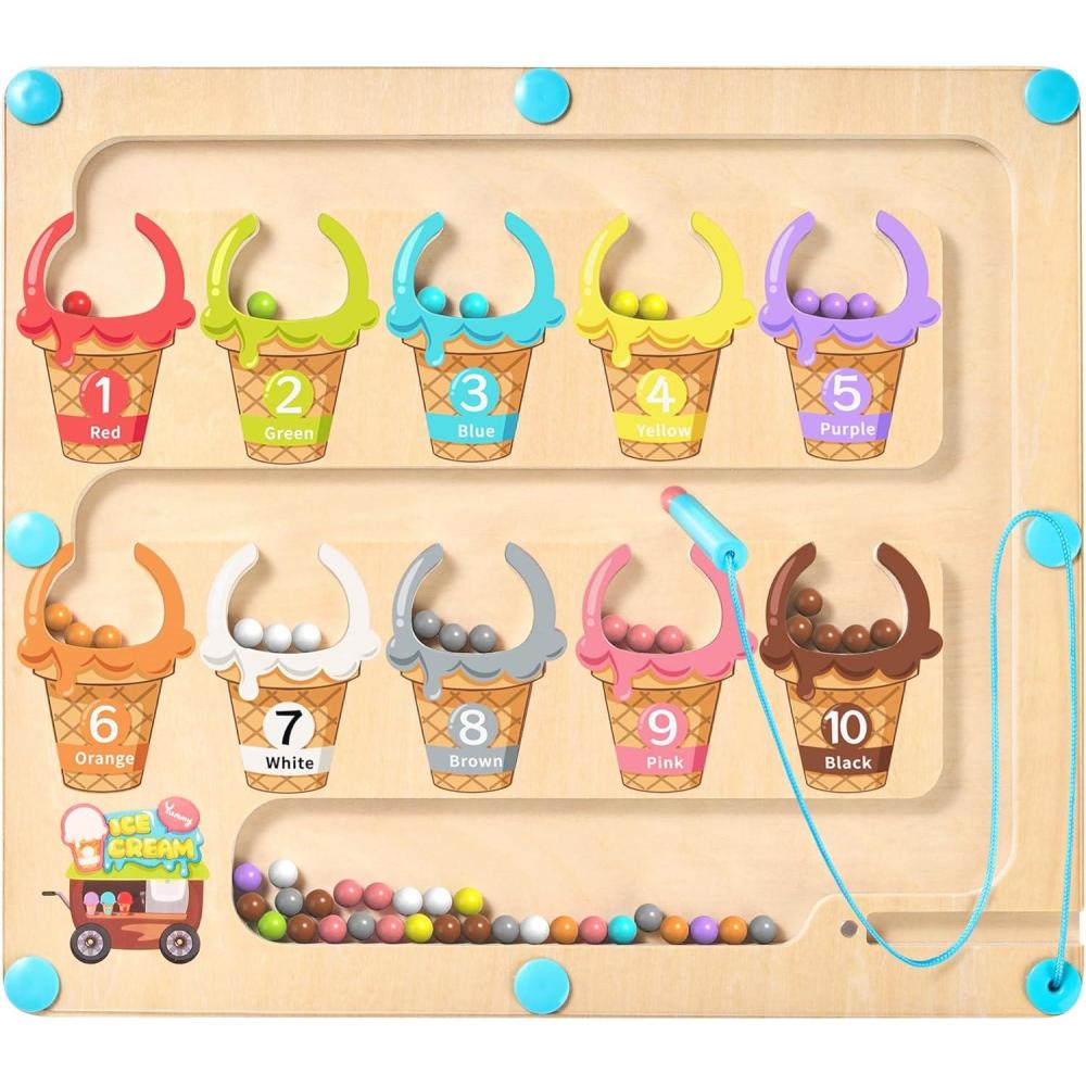 imageGAMENOTE Magnetic Color and Number Maze Educational Fine Motor Skills Toys for Boys Girls 3 4 5 Years Old Wooden Color Matching Learning Counting ToddlerIce Cream
