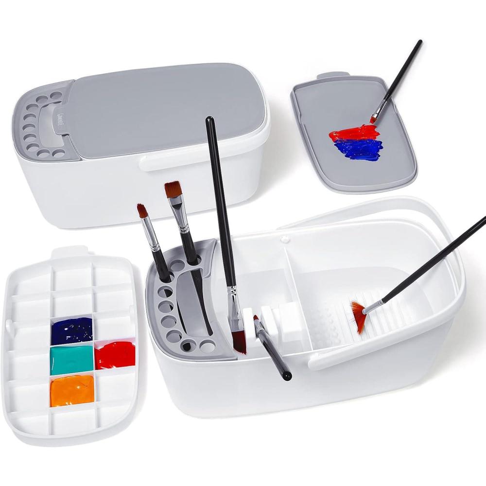 imageGAMENOTE Paint Brush Cleaner Paint Brush Holder with Palette and HandleRinser for Acrylic Watercolor and WaterBased Paints Painting Art Supply Storage Organizer WhiteGreyWhite