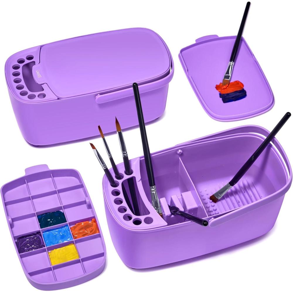 imageGAMENOTE Paint Brush Cleaner  Paint Brush Holder with Palette and HandleRinser for Acrylic Watercolor and WaterBased Paints Painting Art Supply Storage Organizer WhiteGreyPurple
