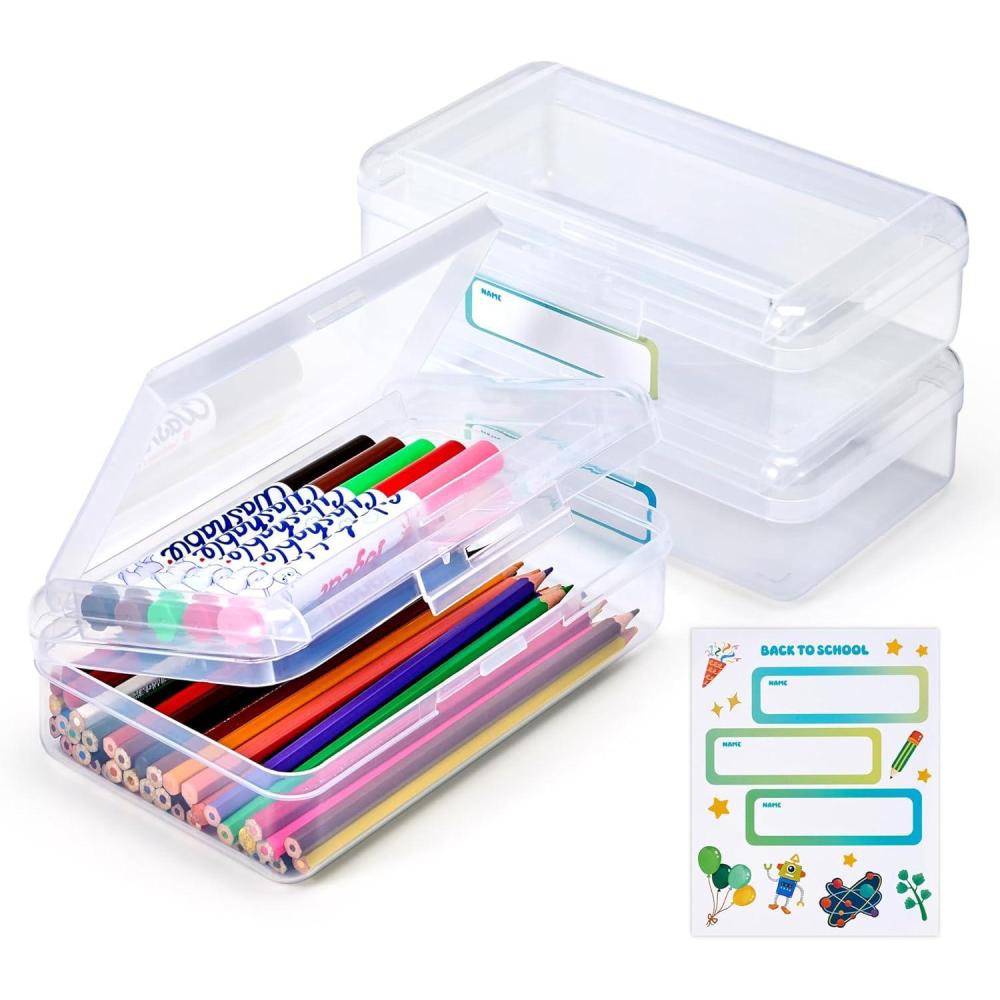 imageGAMENOTE Plastic Pencil Box with Personalized StickerKids Large Hard Pencil Case with Snaptight LidClear Crayon Maker OrganizerSmall Art Craft Storage ContainersSchool Supplies Box for BoysGirlsClear Doublelayer3 Pack