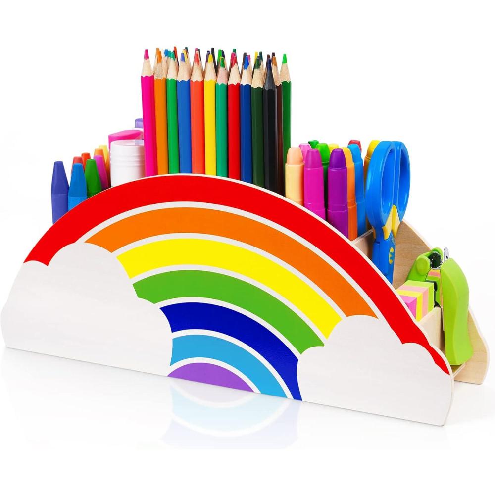 imageGAMENOTE Rainbow Wooden Desk Organizer Natural Wood No Smell Childfriendly Cute Pen Pencil Holder Caddy for Office Supplies Classroom for Art Supply Makeup Brush Storage for Kids Present