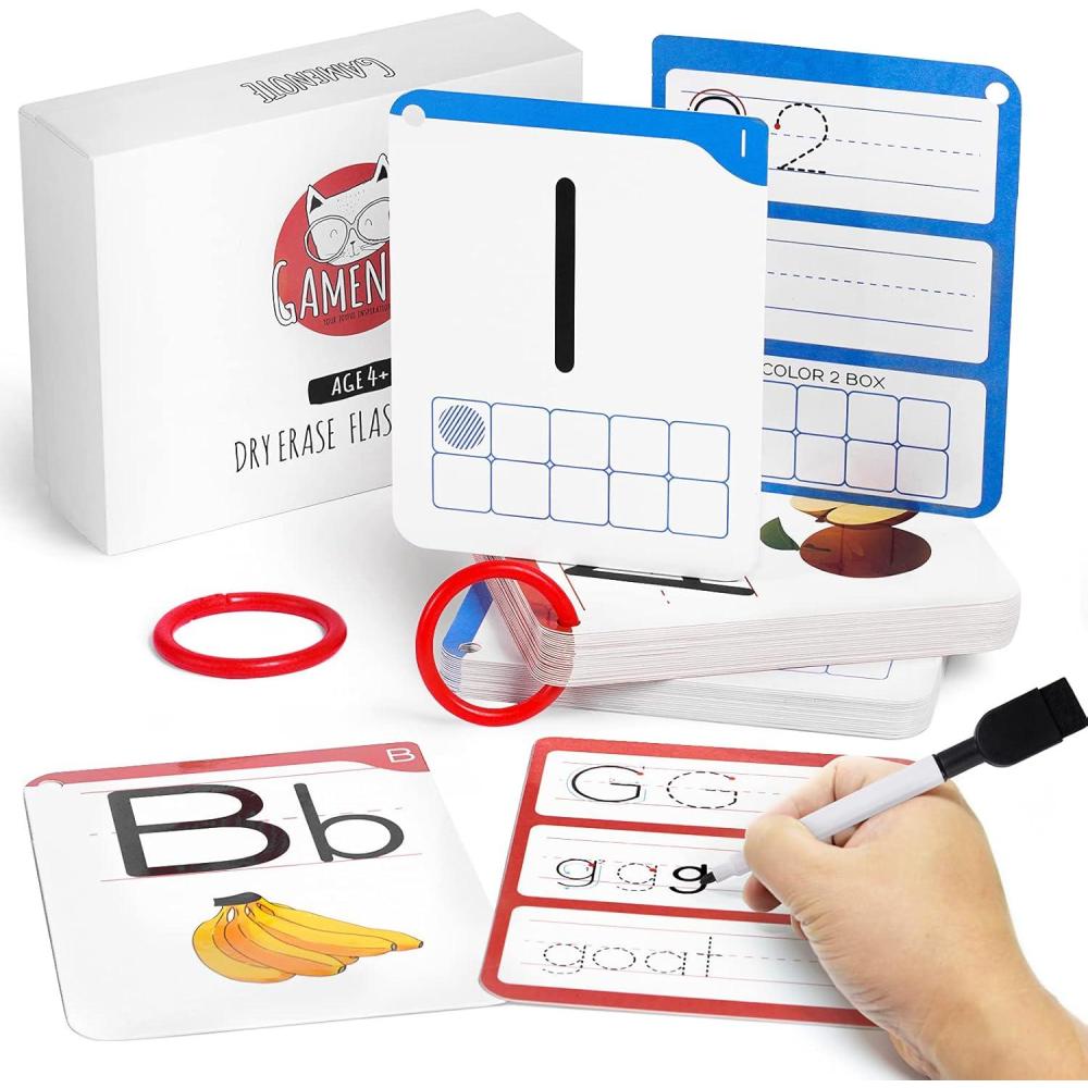 imageGamenote Dry Erase Alphabet and Number Flash Cards Write and Wipe Laminated ABC Letter Tracing Practice Card for Kindergarten 47 Flashcards with 2 Rings and Marker