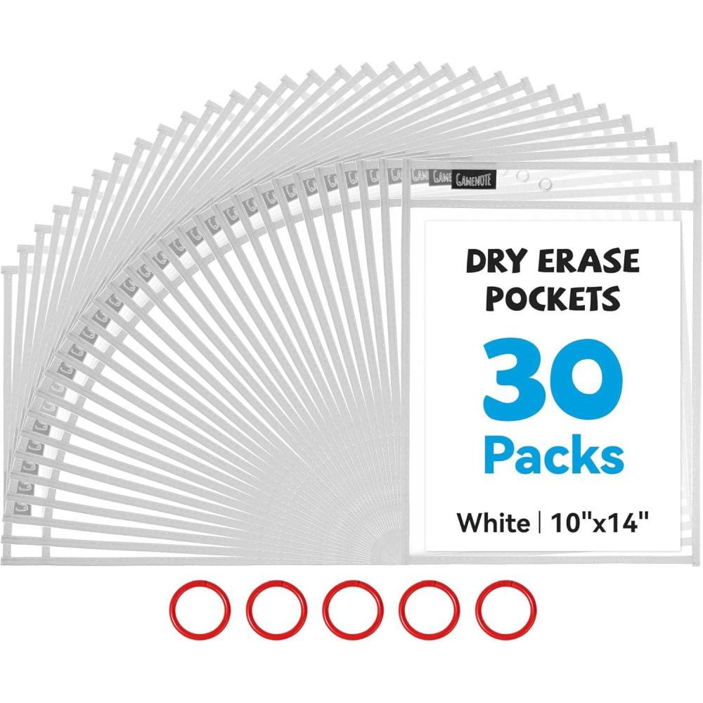 imageGamenote Dry Erase Pockets 30 Pack with Rings Oversized Reusable Plastic Sleeves Shop Ticket Holders Sheet Protectors Teacher Supplies Organization for Classroom Must Have BlackWhite