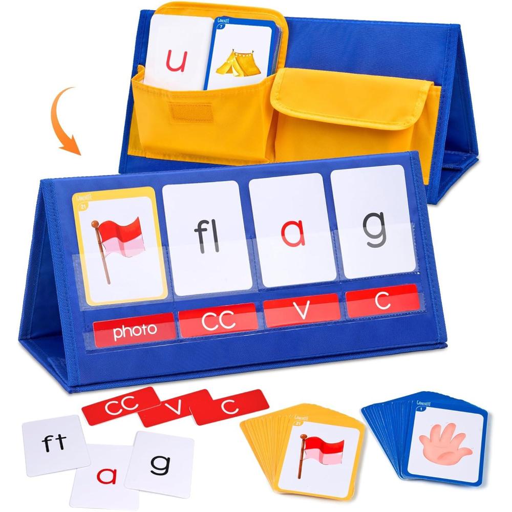 imageGamenote Word Building Desktop Pocket Chart Tent Flash Cards Kit CVC Words Phonics Games Blending Board for Kindergarten Reading and SpellingCVCCCCVC