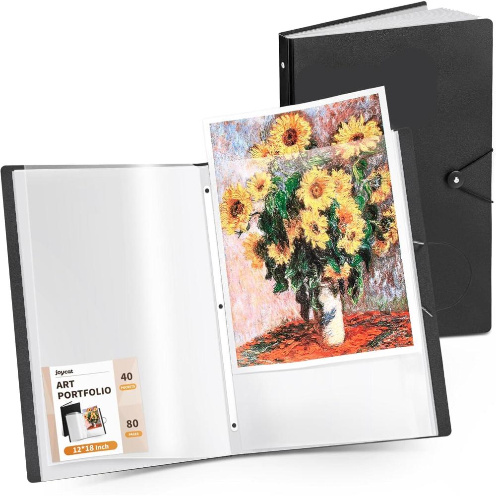 imageJoyCat Art Portfolio Binder 11x1740 Pockets Art Folder with Clear View Pages 80 Sheets Presentation Binder for Artists and Students Black12x18 inch