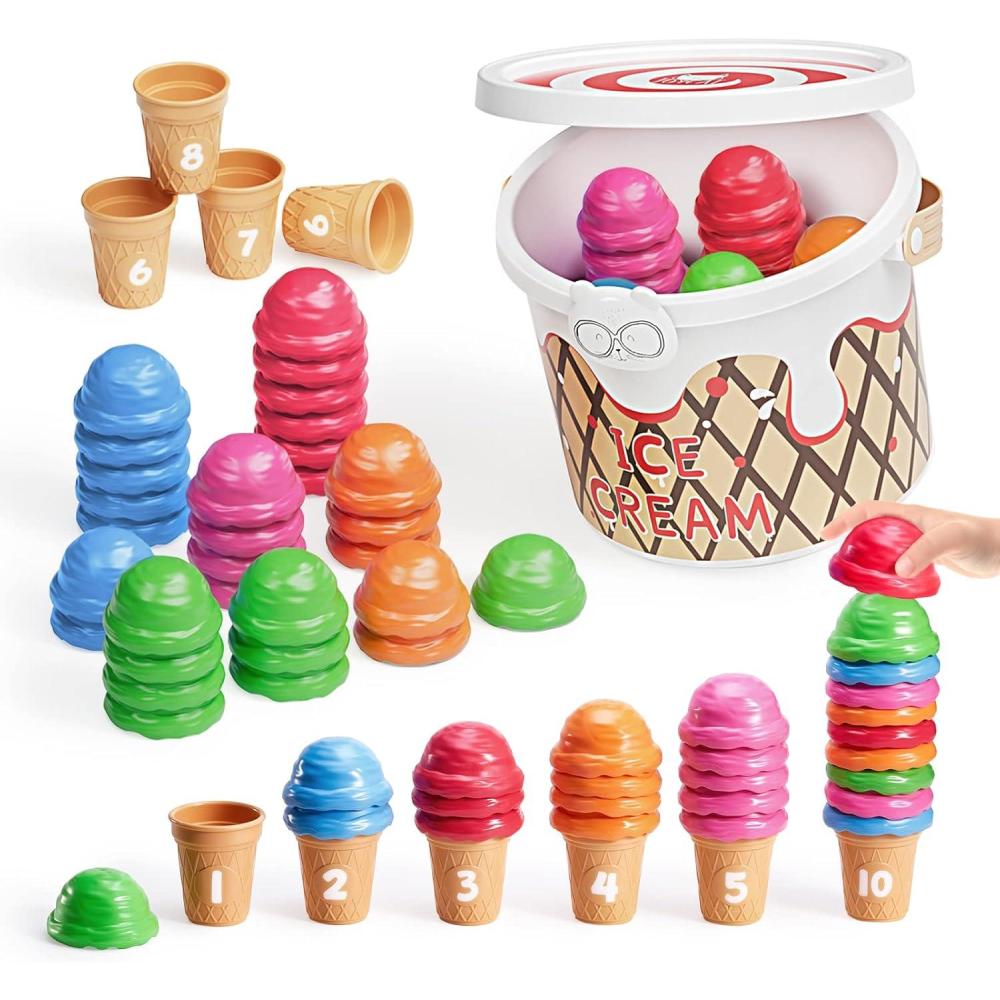 imageJoyCat Ice Cream Preschool Learning Activities Counting and Color Sorting Set Stacking Toys for Kids 35 Educational Fine Motor Skills Toys 65PCS Math Manipulatives Resources Food for Valentine GiftWhite Learning Bucket Set55 ice cream scoops10 ice cream cones