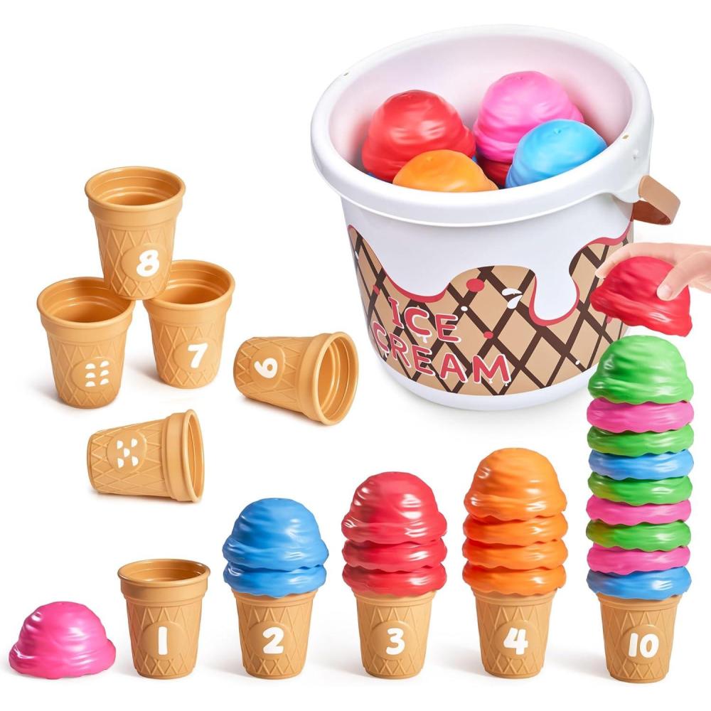 imageJoyCat Ice Cream Preschool Learning Activities Counting and Color Sorting Set Stacking Toys for Kids 35 Educational Fine Motor Skills Toys 65PCS Math Manipulatives Resources Food for Valentine GiftRed Learning Bucket Set20 ice cream scoops10 ice cream cones
