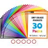 Gamenote 30 Pack Dry Erase Pockets with 5 Rings, 10 Assorted Colors 10×14 Oversized Reusable Plastic Sleeves, Clear Sheet Protectors, Teacher Supplies for Classroom Organization(30)