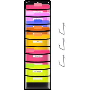 Gamenote 10 Pockets Hanging Wall File Organizer for Office and Classroom, Clear Storage Pocket Chart for Files Folder, Magazines, Papers & More, 3 Over Door Hangers & 10 Name Cards Included