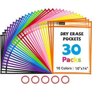 Gamenote 30 Pack Dry Erase Pockets with 5 Rings, 10 Assorted Colors 10×14 Oversized Reusable Plastic Sleeves, Clear Sheet Protectors, Teacher Supplies for Classroom Organization(30)