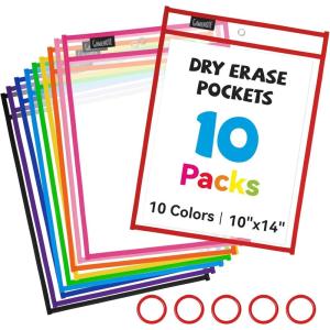 Gamenote 30 Pack Dry Erase Pockets with 5 Rings, 10 Assorted Colors 10×14 Oversized Reusable Plastic Sleeves, Clear Sheet Protectors, Teacher Supplies for Classroom Organization(10)