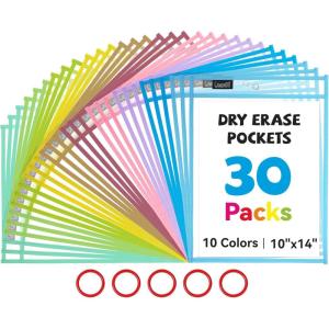 Gamenote Dry Erase Pockets 30 Pack with Rings, Oversized Reusable Plastic Sleeves Shop Ticket Holders Sheet Protectors Teacher Supplies Organization for Classroom Must Have (Black)(Pastel)