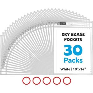 Gamenote Dry Erase Pockets 30 Pack with Rings, Oversized Reusable Plastic Sleeves Shop Ticket Holders Sheet Protectors Teacher Supplies Organization for Classroom Must Have (Black)(White)