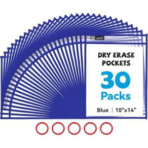Gamenote Dry Erase Pockets 30 Pack with Rings, Oversized Reusable Plastic Sleeves Shop Ticket Holders Sheet Protectors Teacher Supplies Organization for Classroom Must Have (Black)(Blue)