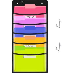 Gamenote Hanging Wall File Organizer – Clear Storage Pocket Chart Wall Files Folder with Overdoor Hangers for School Office Homeschool Activities (5 Pockets(14″ x 28″))