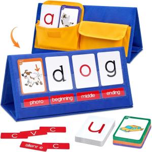 Gamenote Word Building Desktop Pocket Chart Tent Flash Cards Kit – CVC Words Phonics Games Blending Board for Kindergarten Reading and Spelling(CVC)