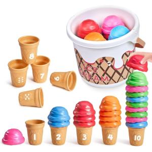 JoyCat Ice Cream Preschool Learning Activities Counting and Color Sorting Set Stacking Toys for Kids 3-5, Educational Fine Motor Skills Toys, 65PCS Math Manipulatives Resources Food for Valentine Gift(Red Learning Bucket Set(20 ice cream scoops&10 ice cream cones ))