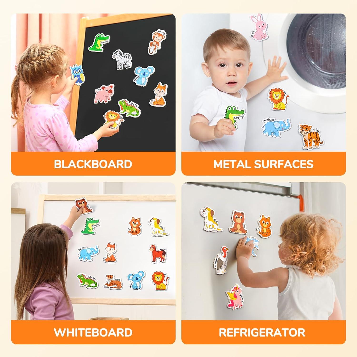 imageGAMENOTE JoyCat Wooden Magnets for Kids 26 Cute AZ Animals Fridge Magnets for Toddlers Double Sided Magnetic Letter Board