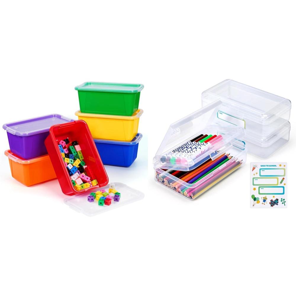 imageGAMENOTE Colored Plastic Storage Bins with LidsPlastic Pencil Box with Personalized StickerStorage Box for Classroom