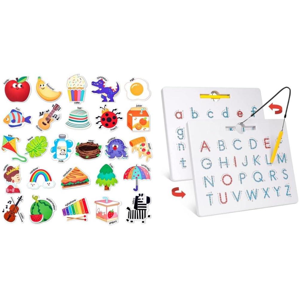 imageGAMENOTE Double Sided Magnetic Letter Board  2 in 1 Alphabet Magnets Tracing Board for Toddlers  JoyCat Fridge Magnets for Toddlers amp Kids  26 Cute AZ Objects Large Magnetic Refrigerator Toys