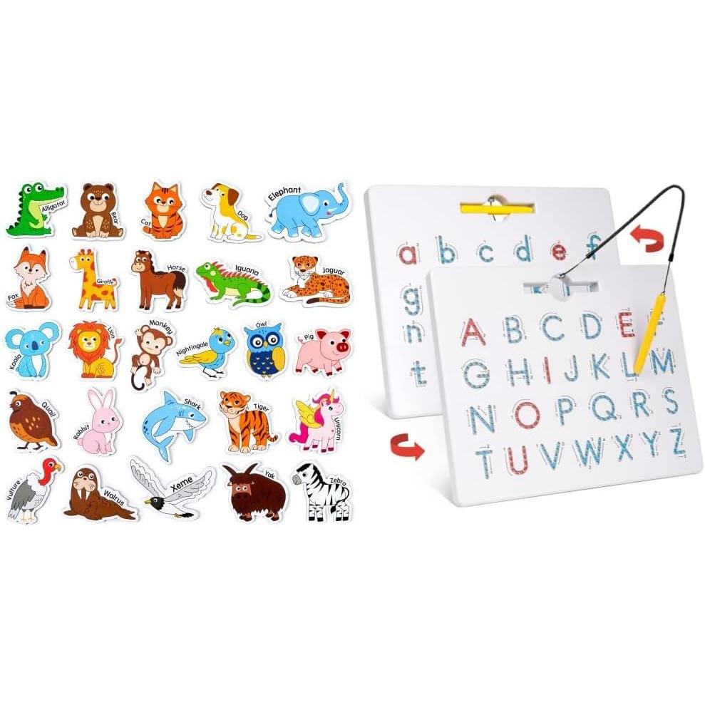 imageGAMENOTE JoyCat Wooden Magnets for Kids  26 Cute AZ Animals Fridge Magnets for Toddlers Double Sided Magnetic Letter Board