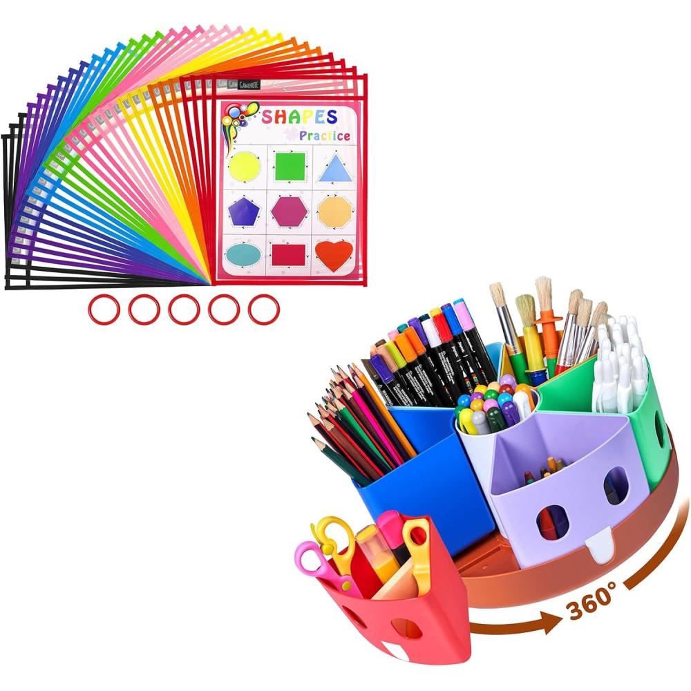 imageGAMENOTE Rotating Art Supplies Organizer amp Dry Erase Pockets 30 Pack with Rings