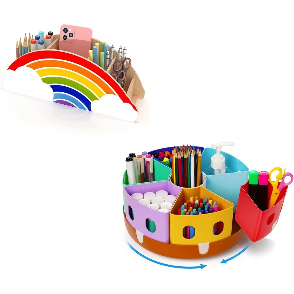 imageGAMENOTE Wooden Rainbow Pen Holder amp Pencil Holders amp Rotating Art Supplies Organizer