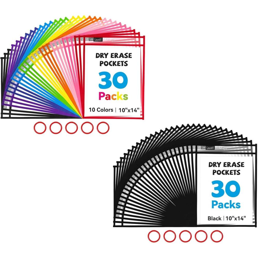 imageGamenote Dry Erase Pockets 60 Pack with Rings Reusable Sleeves Shop Job Ticket Holders Sheet Protectors Teacher Supplies Must Have for Classroom