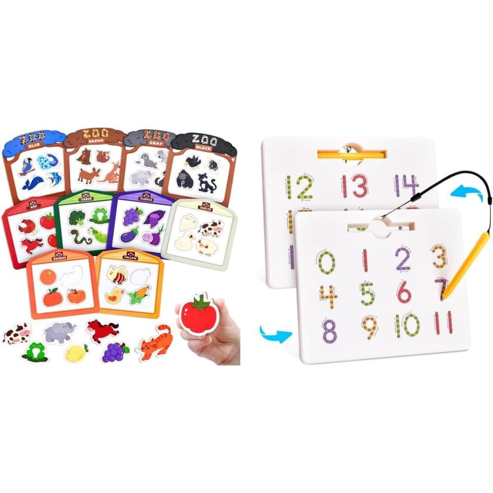 imageJoyCat Color Sorting Sensory Toys 10Piece Wooden Magnetic Color Set for Toddlers GAMENOTE Magnetic Number Tracing Board