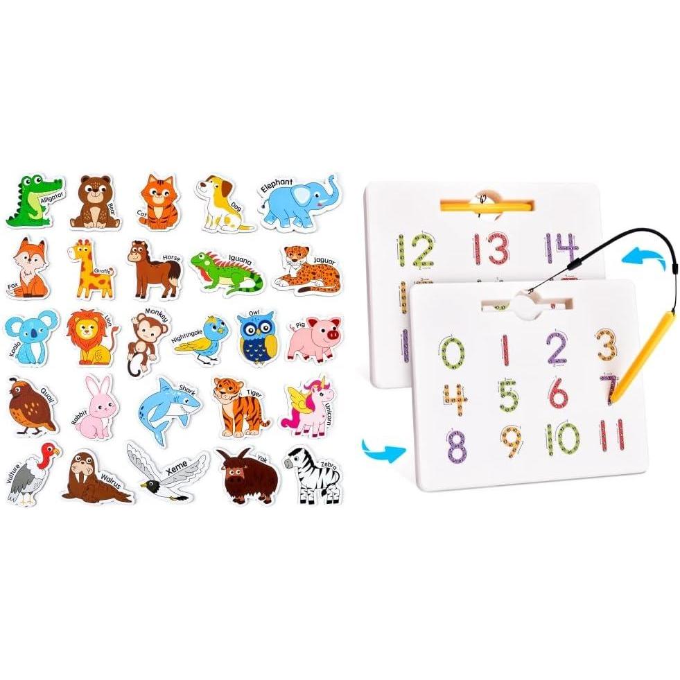 imageJoyCat Wooden Magnets for Kids  26 Cute AZ Animals Fridge Magnets for Toddlers  GAMENOTE Magnetic Number Tracing Board