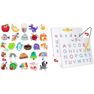 GAMENOTE Double Sided Magnetic Letter Board – 2 in 1 Alphabet Magnets Tracing Board for Toddlers + JoyCat Fridge Magnets for Toddlers & Kids – 26 Cute A-Z Objects, Large Magnetic Refrigerator Toys