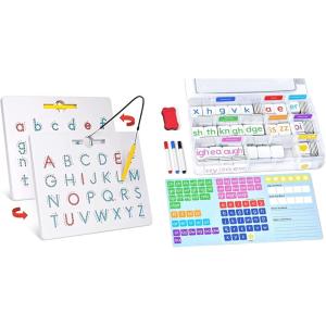 GAMENOTE Double Sided Magnetic Letter Board+JoyCat Phonics Word Magnetic Letter Tiles-265 Alphabet Tiles, Magnetic Letters Kit with Word-Building Folder and Storage Case, Kindergarten Phonics Awarenes