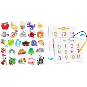 GAMENOTE Magnetic Number Tracing Board + JoyCat Fridge Magnets for Toddlers & Kids – 26 Cute A-Z Objects, Large Magnetic Refrigerator Toys