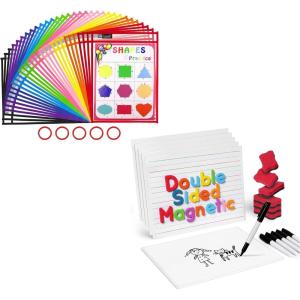 Gamenote 6 Pack Magnetic Small White Board Set & Dry Erase Pockets 30 Pack with Rings