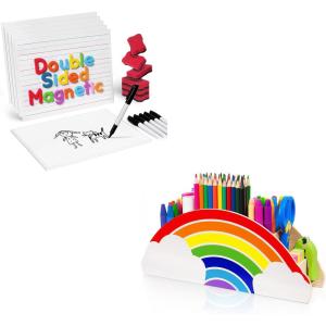Gamenote 6 Pack Magnetic Small White Board Set & Wooden Pen Holder & Pencil Holders
