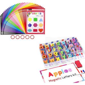 Gamenote Classroom Magnetic Alphabet Letters Kit 238 Pcs & Dry Erase Pockets 30 Pack with Rings