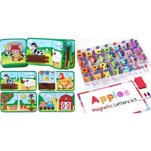 Gamenote Classroom Magnetic Alphabet Letters Kit+JoyCat Farm Animal Busy Book for Toddlers Montessori Busy Board for 1 2 3 4 Year Old Boy Girl Birthday Gift – Quiet Activity Book with Life Skills