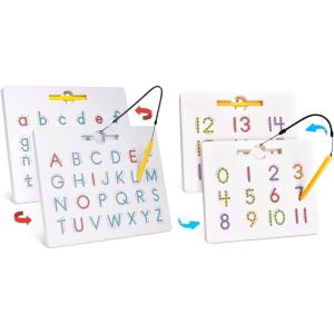 Gamenote Double Sided Magnetic Letter Board – 2 in 1 Alphabet Magnets Tracing Board for Toddlers ABC Letters Uppercase & Lowercase Practicing Learning Education Toys + Magnetic Number Tracing Board, 2