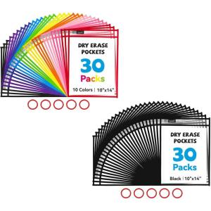Gamenote Dry Erase Pockets 60 Pack with Rings, Reusable Sleeves Shop Job Ticket Holders Sheet Protectors, Teacher Supplies Must Have for Classroom