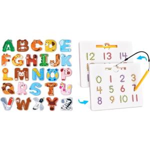 Gamenote Magnetic Number Tracing Board+JoyCat Magnetic Letters, Alphabet ABC Fridge Magnets for Toddlers & Kids,26 Uppercase Refrigerator Magnets