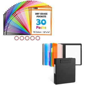 JoyCat Dry Erase Pockets 30 Pack & 3 Ring Binder Clipboard with Storage