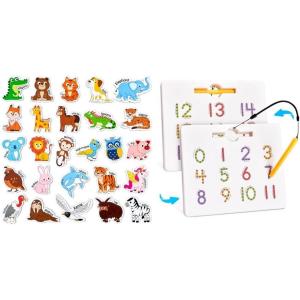 JoyCat Wooden Magnets for Kids – 26 Cute A-Z Animals Fridge Magnets for Toddlers + GAMENOTE Magnetic Number Tracing Board
