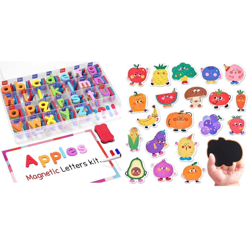 imageJoyCat Wooden Fridge Magnets for Toddlers amp Kids 20 Cute Fruits amp Vegetables Food Cartoon Magnets amp Magnetic Alphabet Letters Kit 238 Pcs with Double Side Magnet Board