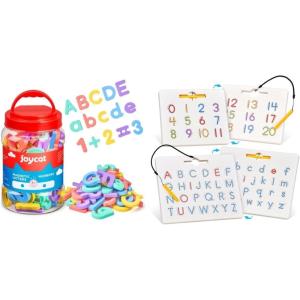 GAMENOTE Double Sided Magnetic Letter & Number Board Set + JoyCat Wooden Fridge Magnets for Toddlers, 50PCS Magnetic Color Sorting Refrigerator Toys
