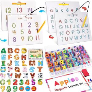 Gamenote Double Sided Magnetic Letter Board + Classroom Magnetic Alphabet Letters Kit + Magnetic Number Tracing Board + JoyCat Wooden Thick Alphabet Magnets for Toddlers