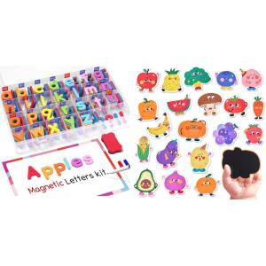 JoyCat Wooden Fridge Magnets for Toddlers & Kids – 20 Cute Fruits & Vegetables Food Cartoon Magnets & Magnetic Alphabet Letters Kit 238 Pcs with Double – Side Magnet Board