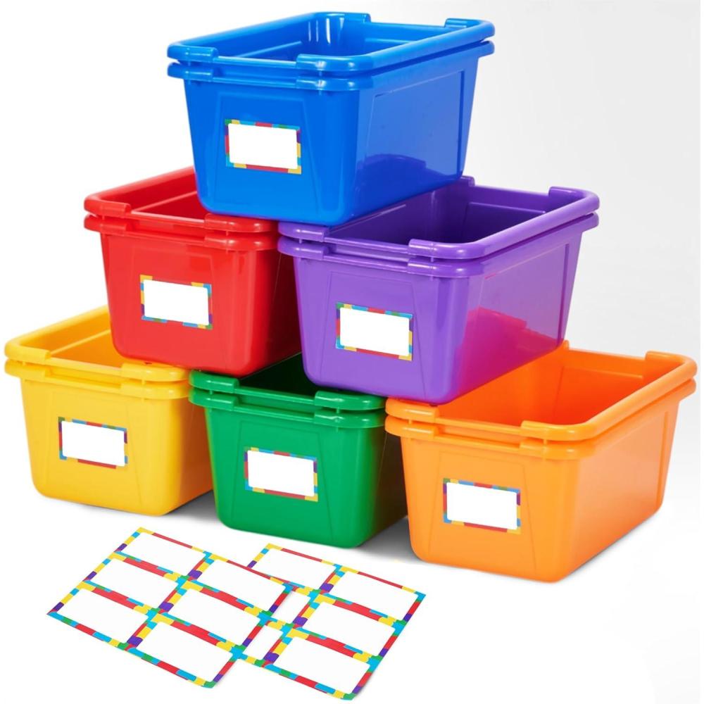 imageGAMENOTE 6 Quart OpenTop Storage Bins 6 Pack Rainbow Plastic Stackable Bins for Classroom amp Kids Toy Organization with Labeling Stickers Opaque Shoe Box Size Containers for Crafts amp Building 612