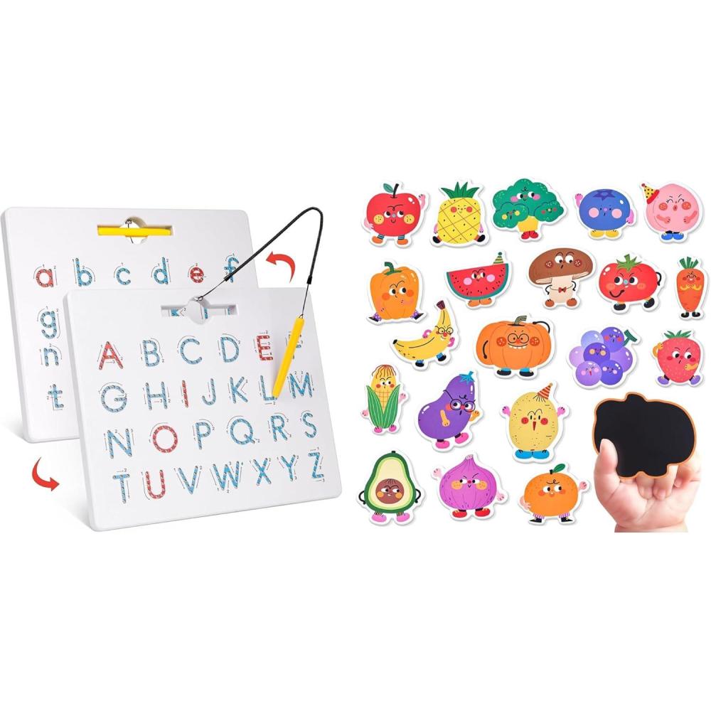 imageGAMENOTE Double Sided Magnetic Letter Board amp Fruits Vegetables Food Cartoon Magnets for Kids