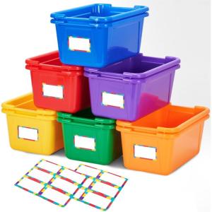 GAMENOTE 6 Quart Open-Top Storage Bins – 6 Pack Rainbow Plastic Stackable Bins for Classroom & Kids Toy Organization with Labeling Stickers, Opaque Shoe Box Size Containers for Crafts & Building (6)(12)